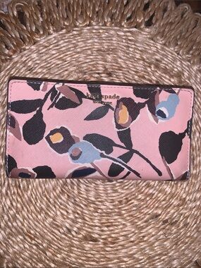 kate spade Cameron Pink Floral Bifold Wallet with Blue and Black Accents
